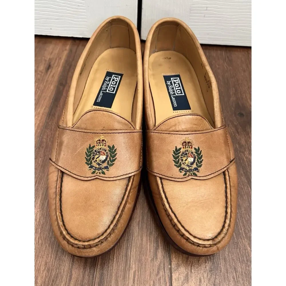 POLO RALPH LAUREN Men’s Vintage Camel Leather Embroidered Crest Loafers Sz 9.5D